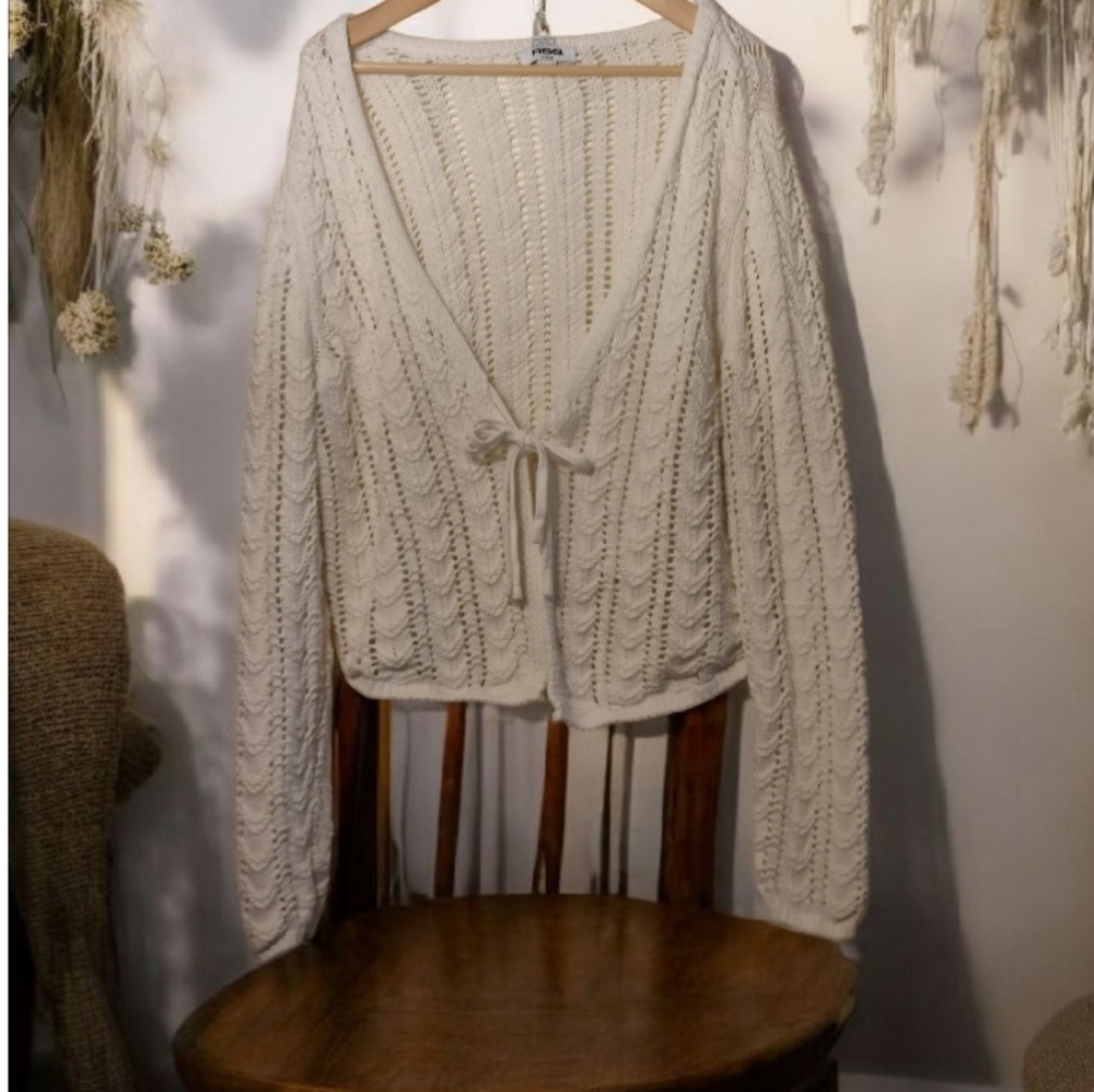 RSQ Crochet Crop Sweater Draw String Front Closure